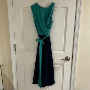 Teal and Navy Sleeveless Wrap Midi Dress